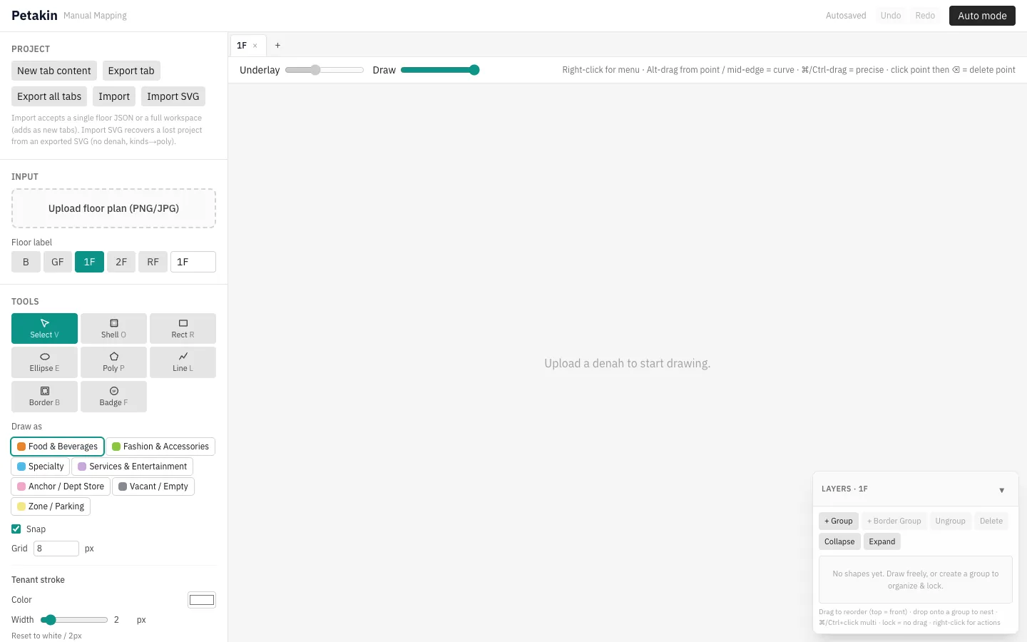 Petakin manual mapping editor with drawing tools, floor tabs, categories and a layers panel